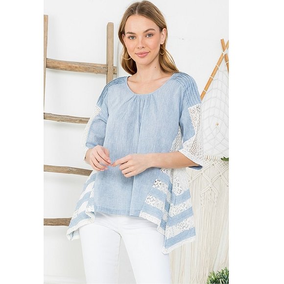 Women Washed Light Denim Blue Cotton Lace Details Bow Tie Asymmetric Top - T8705 - Picture 2 of 11